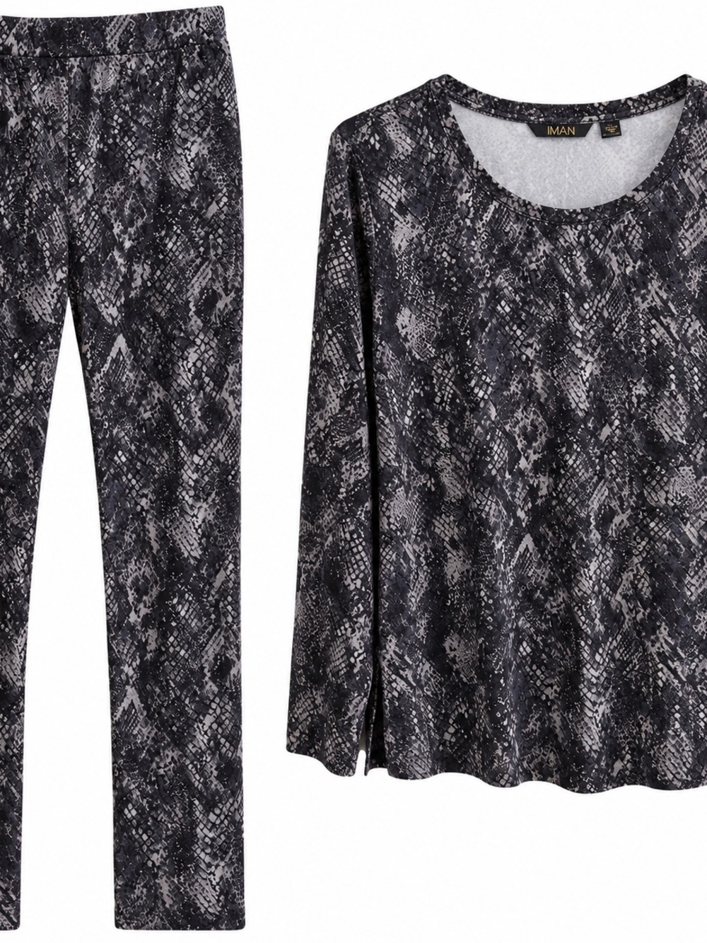IMAN Black & Gray Snakeskin Print 2-Piece Top & Pants Set – Size L